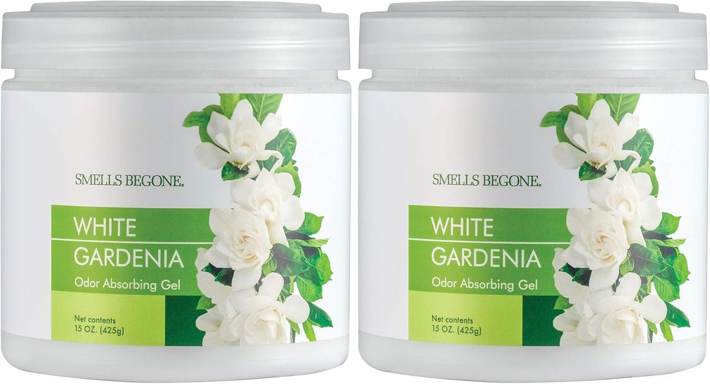 SMELLS BEGONE Air Freshener Odor Absorber Gel - 15 oz, Pack of 2 - Absorbs and Eliminates Odor in Pet Areas, Bathrooms, Cars, & Boats - Made with Essential Oils - White Gardenia Scent