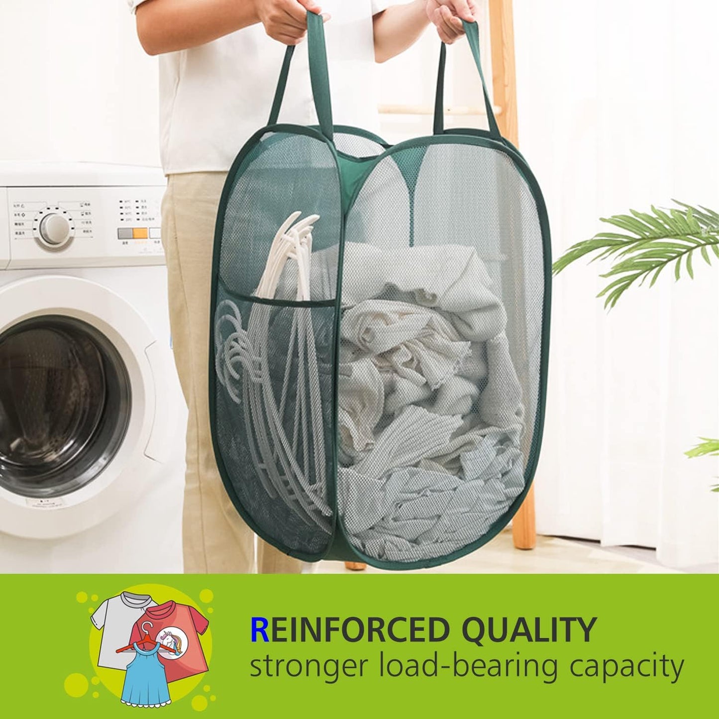 HONOMA Sturdy Mesh Laundry Hamper Basket Bag,Pop up Basket with Side Pocket for Laundry Room, Bathroom, Kids Room, College Dorm or Travel (Pop Vertical, Emerald)