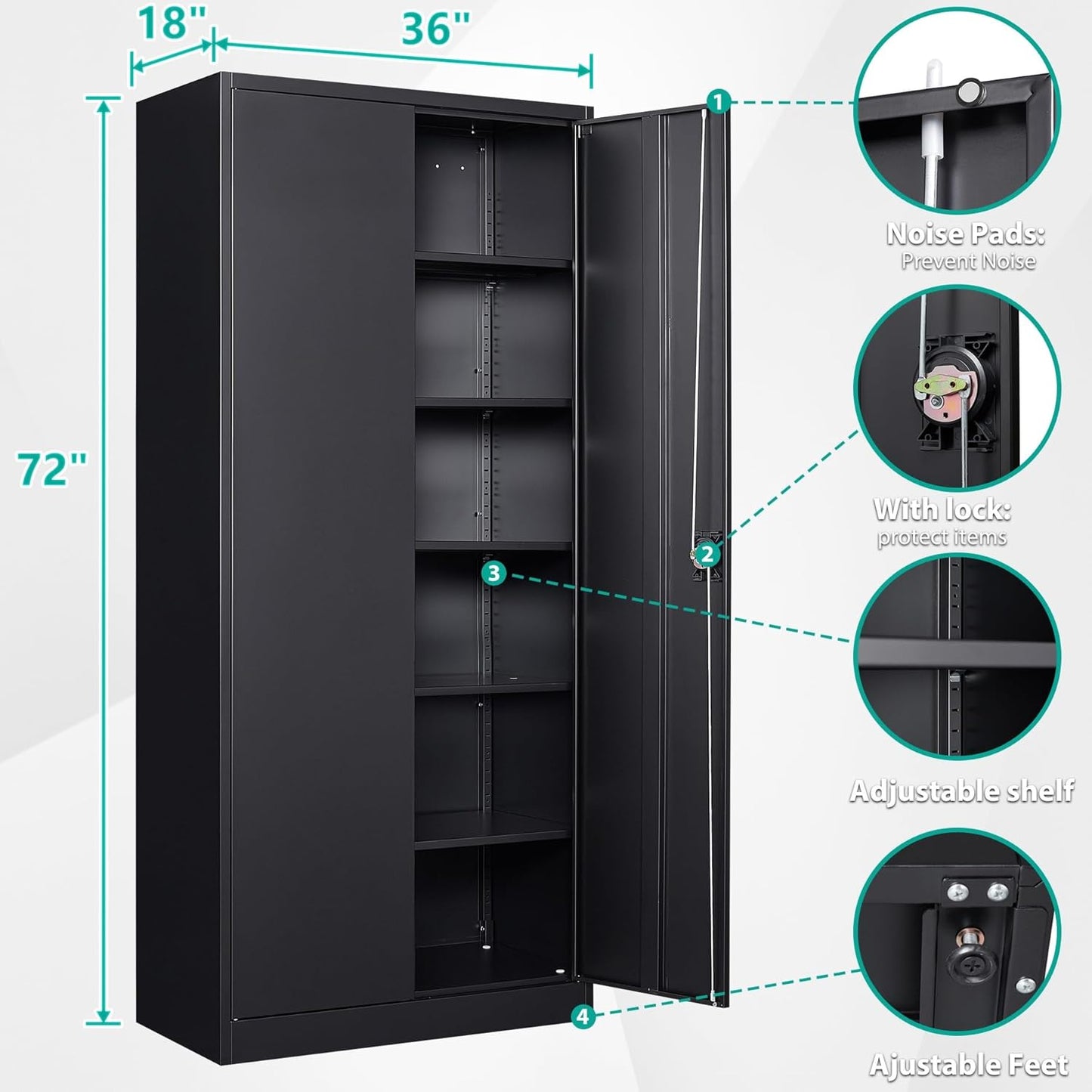 SISESOL Wide & Deep Metal Storage Cabinet with Lock & 5 Adjustable Shelves,72" Black Garage Storage Cabinet with Locking Doors,Lockable Cabinets for Home,Office,Garage,Shop,Basement 72x36x18