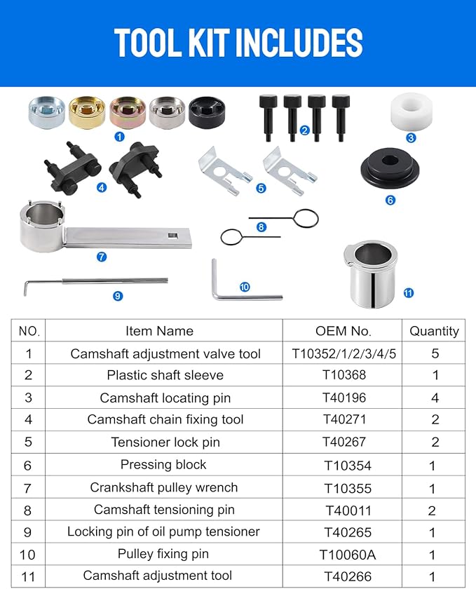 DAYDOOR Camshaft Crankshaft Engine Timing Tool Kit with Storage Case Compatible with Audi VW VAG 2006-2018 EA888 1.8 2.0 TSI TFSI T10355 T10060A T10352 T10368 T40011 T40196 T40268-21 PCS