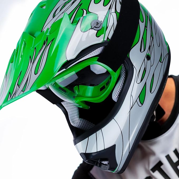 XFMT DOT Youth Kids Motocross Offroad Street Dirt Bike Helmet Youth Motorcycle ATV Helmet with Goggles Gloves Green Flame XL
