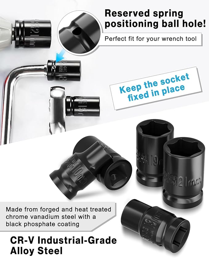Lytool 15-Piece 1/2" Drive Shallow Impact Socket Set, Metric 8-22mm, 6-Point CR-V Steel