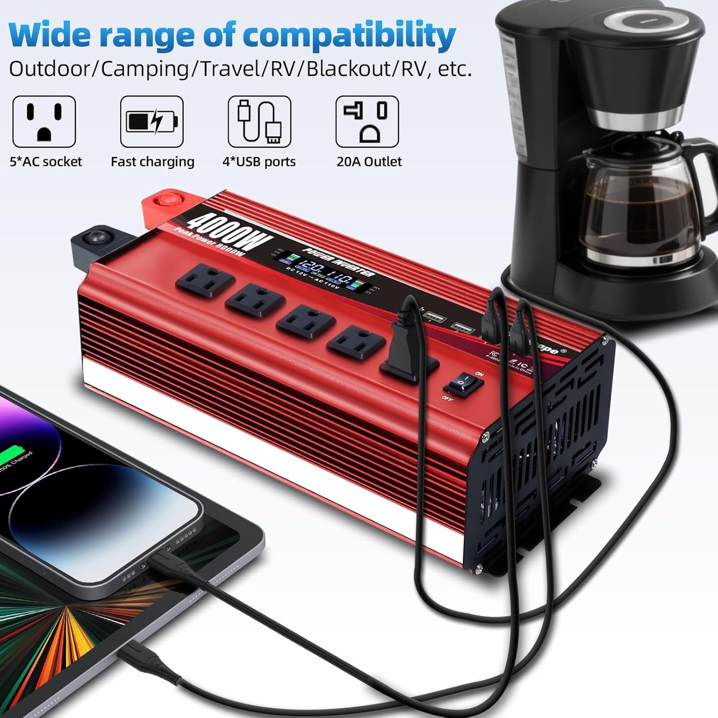 4000W Power Inverter 12V to 110V/120V DC to AC with LCD Display, Remote Controller 5 x AC Outlets and 4 x 3.1A USB Car Adapter for Car Truck Boat RV Solar System