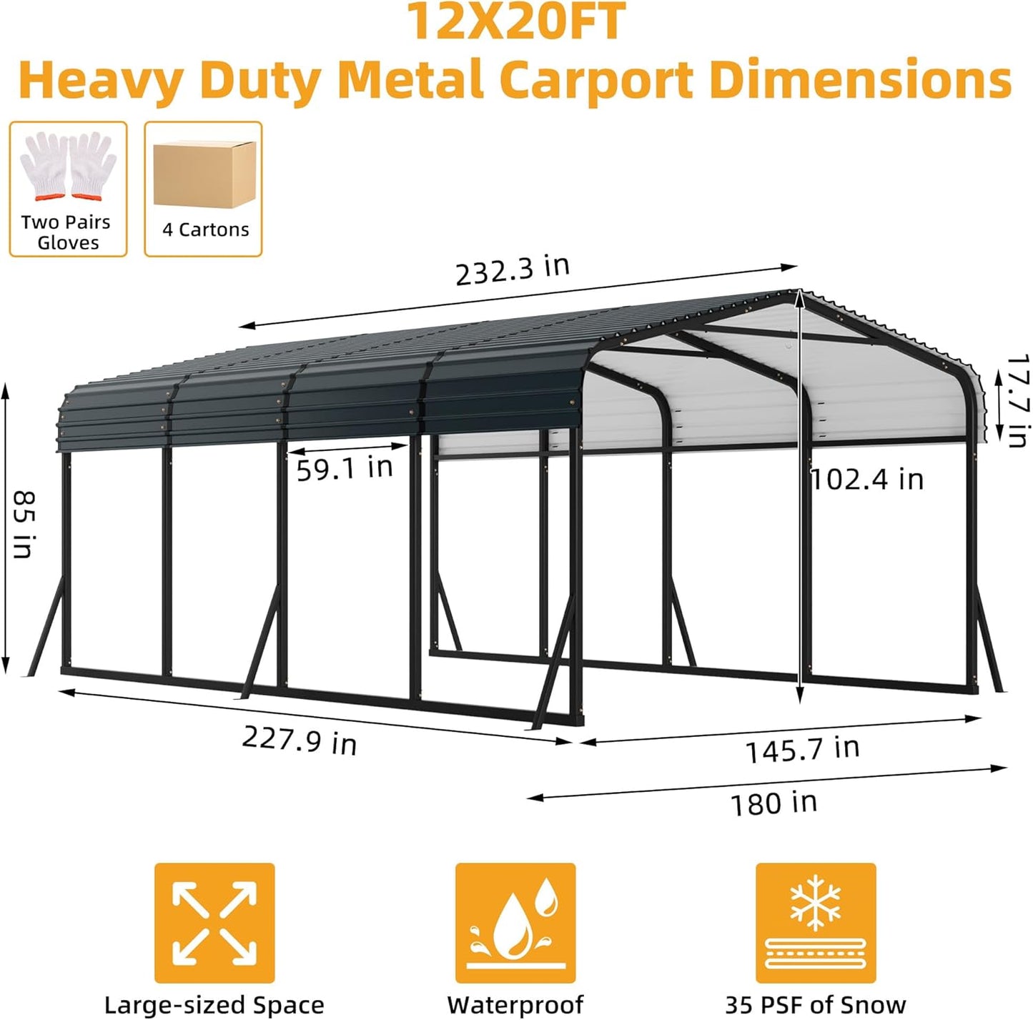 12x20 Ft Carport, Metal Carport with Galvanized Steel Roof and Reinforced Base, Heavy Duty Garage Car Shelter Shade, Outdoor Car Port Canopy for SUV, Truck, Boats