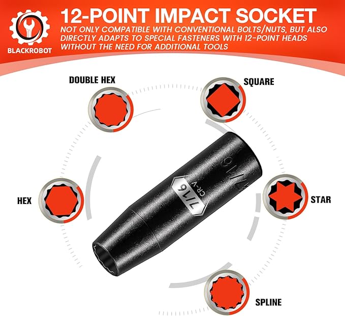 BLACKROBOT 7/16 inch 12-Point Deep Impact Socket, 1/2 Inch Drive, Metric, Cr-V Steel With Black Manganese Phosphate Coating