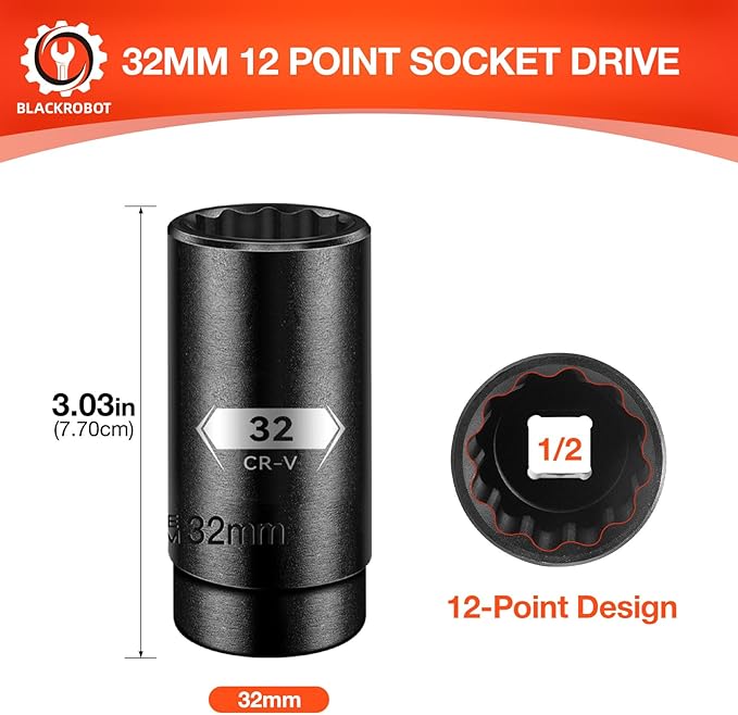 BLACKROBOT 32 mm 12-Point Deep Impact Socket, 1/2 Inch Drive, Metric, Cr-V Steel With Black Manganese Phosphate Coating