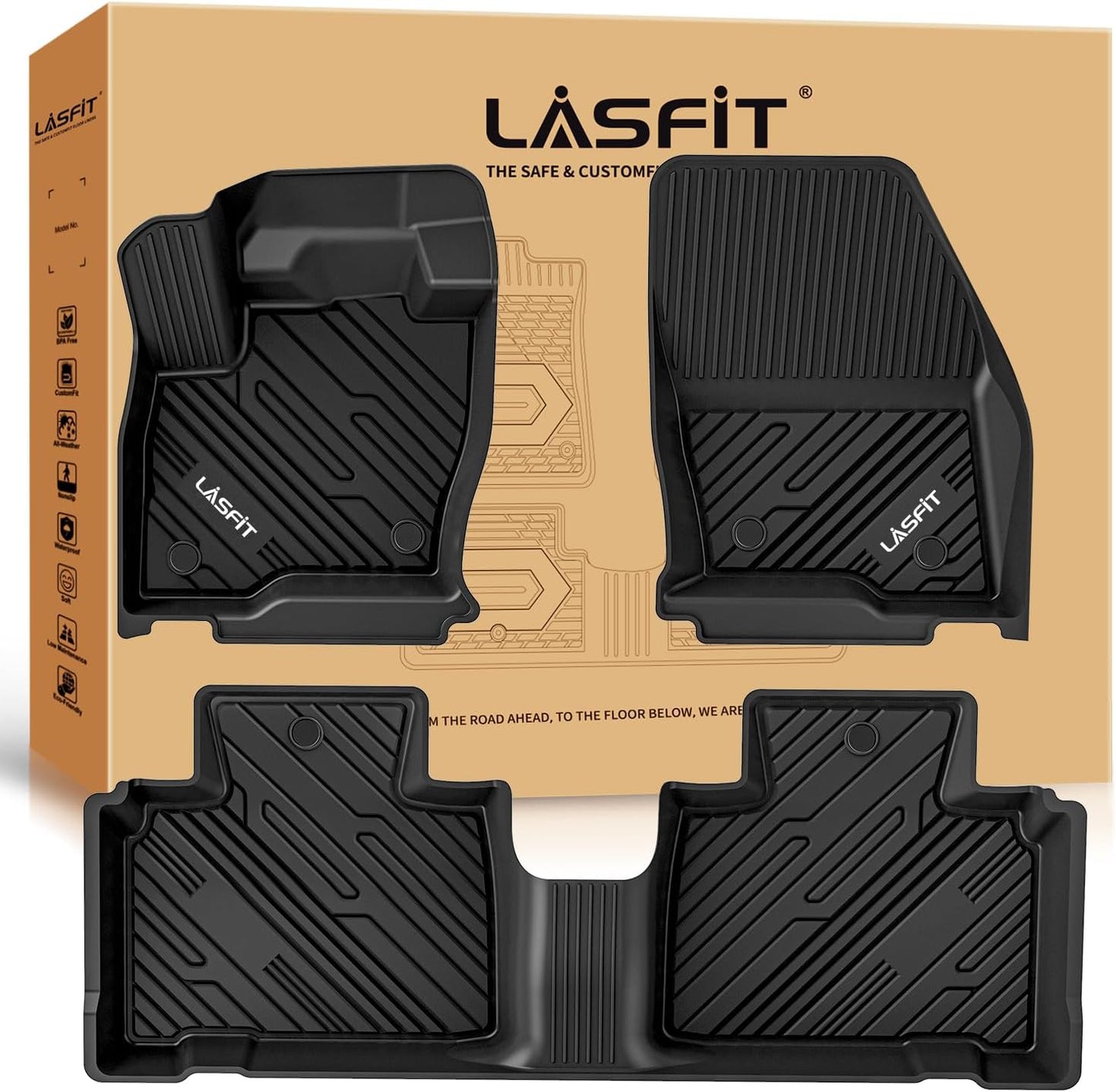 LASFIT Floor Mats for Ford Edge 2015-2024 SE/SEL/SEL Plus/Sport/ST/ST-Line/Titanium, Custom Fit TPE Car Floor Liners, 1st & 2nd Row All Weather Protector, 3pcs Black