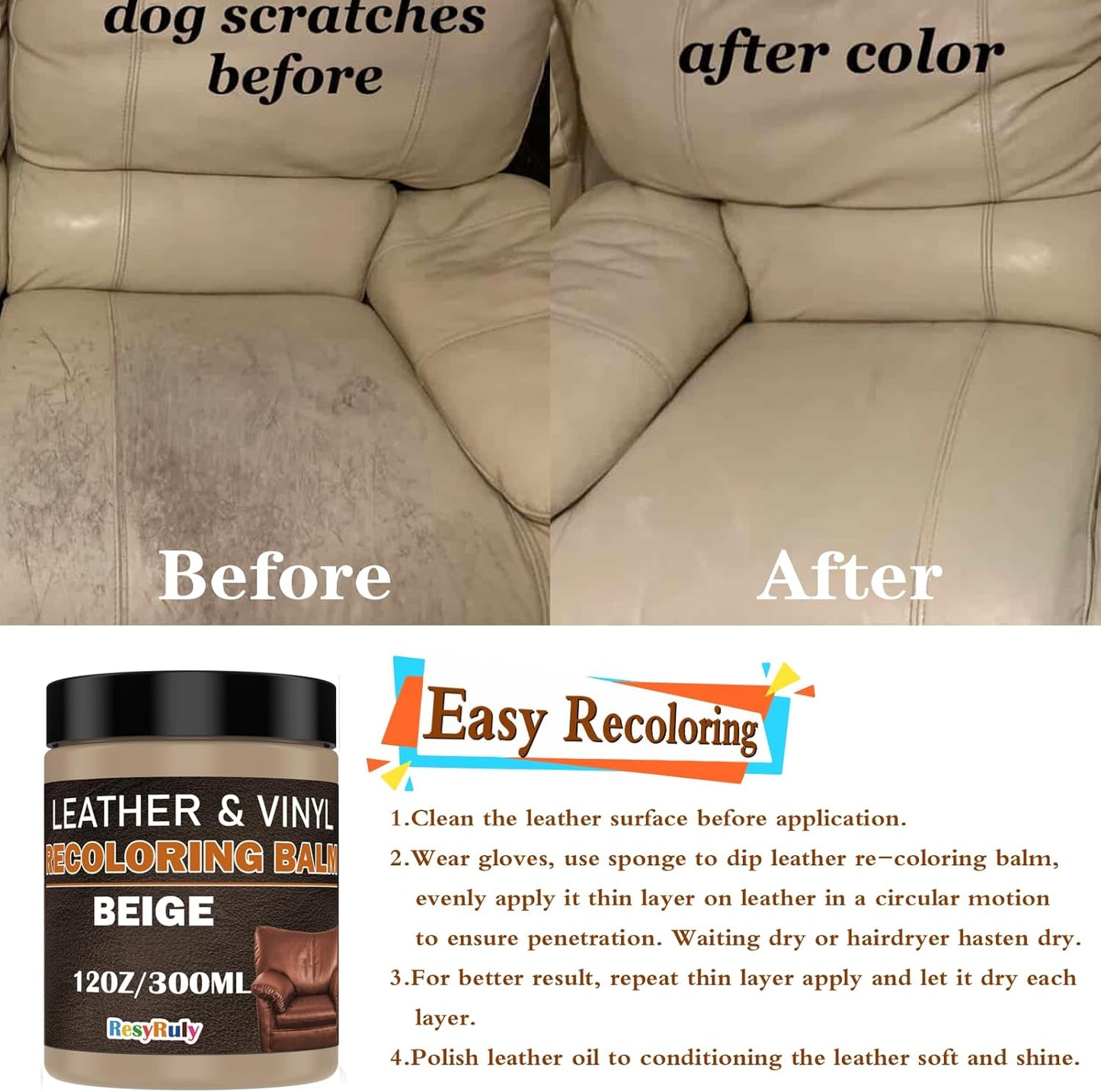 Beige Leather Repair Kit for Furniture Vinyl Car Interior Steering Wheel Car Seats Color Restorer Cream Leather Recoloring Balm Fade Better Couch Conditioner Scratch Stain Remover Dye Paint Sofa