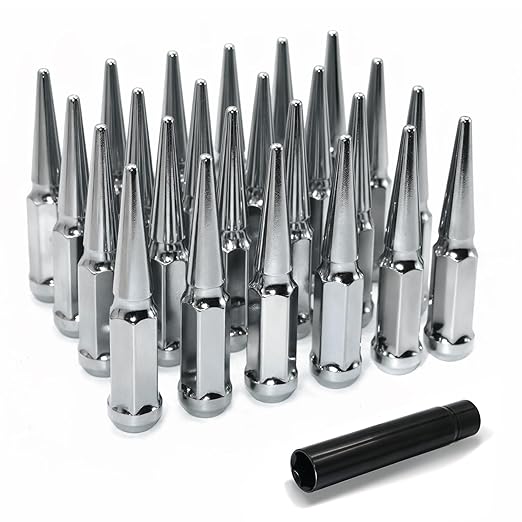 1/2"-20 Chrome Silver Wheel Spike Lug Nuts, 24 PCS Lug Nut Wheel Accessories with 1 Socket Key, Thread Spiked 4.4" Long Closed End Nuts Compatible with Wrangler Cherokee Explorer