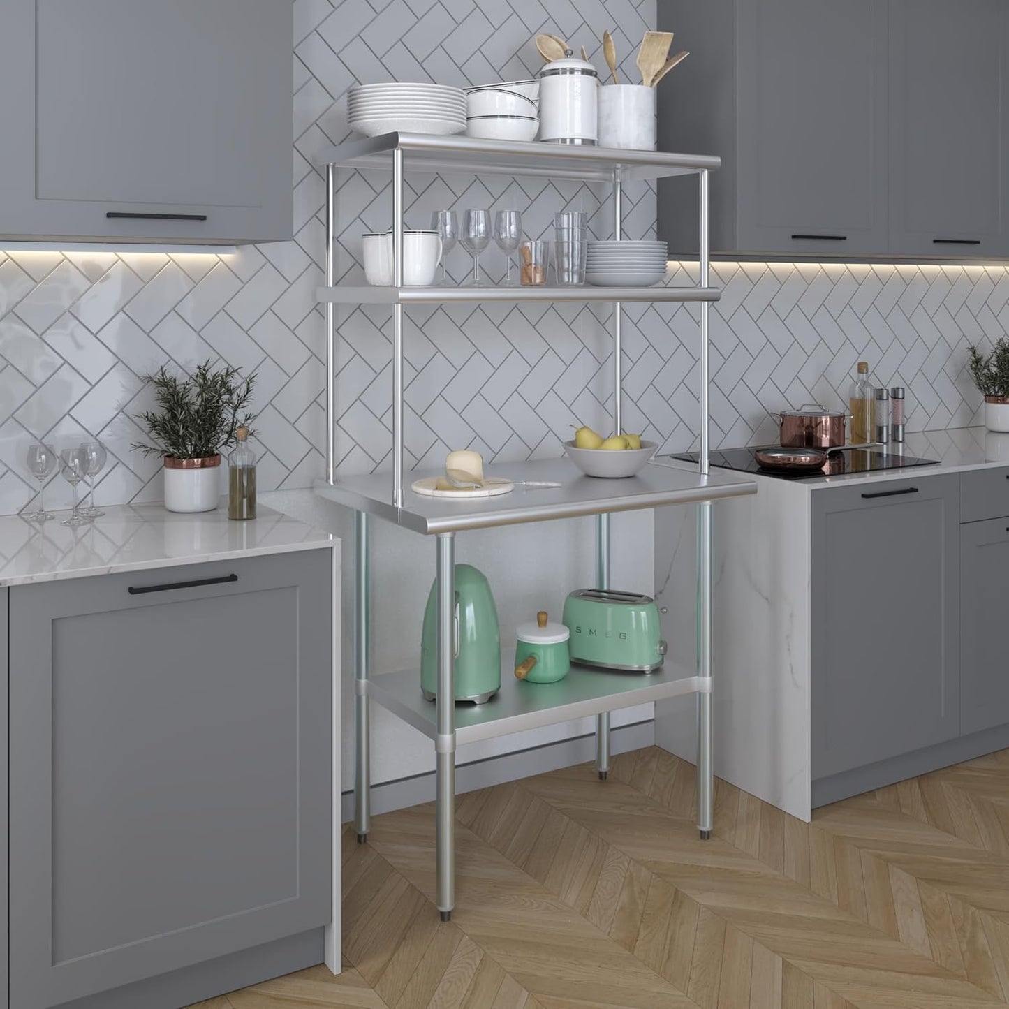 Amgood Stainless Steel Work Table Double Tier Overshelf | Metal Kitchen Prep Table & Shelving Combo (24" x 36" Work Table + 18" Overshelf)