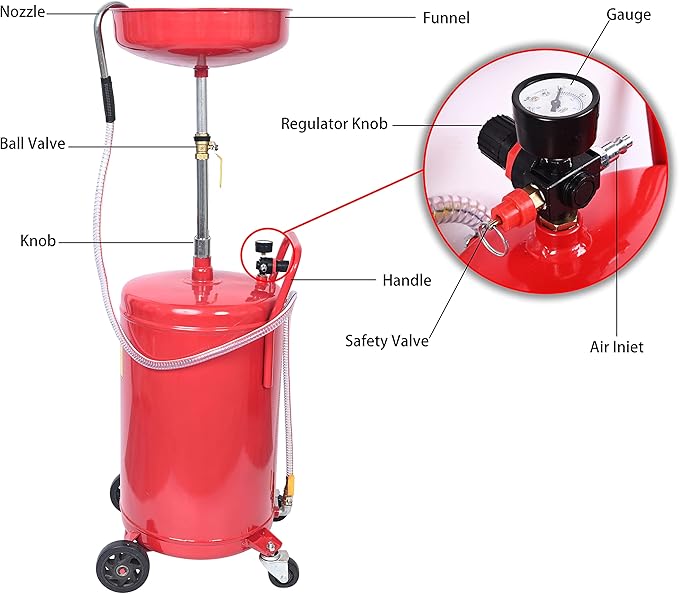 Aain Portable Oil Drain Container,20 Gallon Waste Oil Drain Tank,Air Operated Drainer for Oil Change,Portable Fluid Drain Disposal with Adjustable Height,Heavy Duty Construction with Wheels
