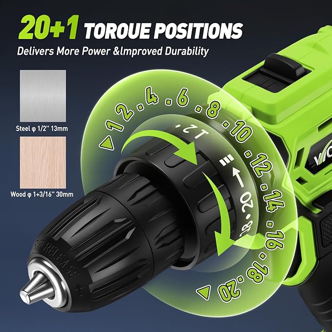 WORKBLESS Cordless Drill, Power Drill Set with 1 Battery and Charger, 40Nm, 20+1 Torque, 2 Speed, Keyless 3/8" Electric Screwdriver with LED Light, 28pcs Drill Bits Set(Green)