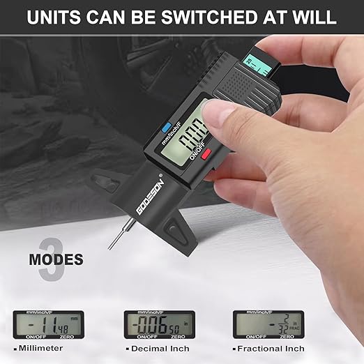 GODESON Digital Tire Tread Gauge,3 Modes: Fractional Inch, Decimal Inch, Millimeter -Color-Coded Bar-Accurate Tire Depth Gauge for Cars, Trucks, Vans, SUVs