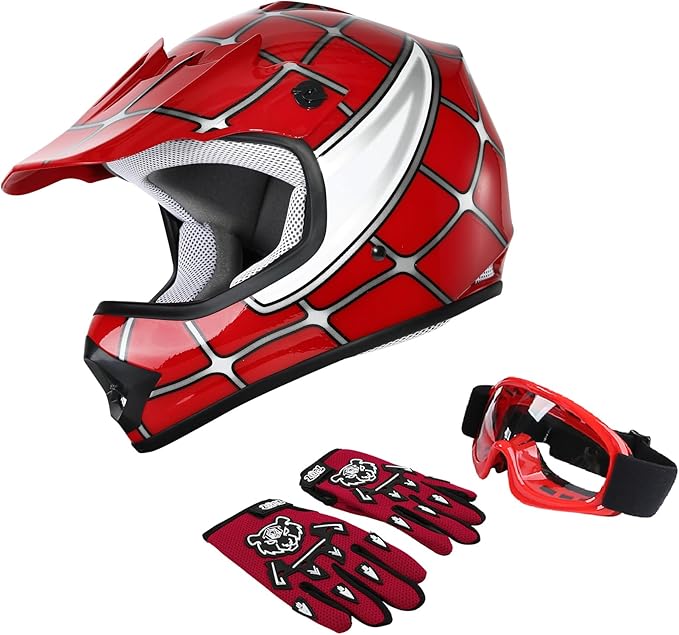XFMT Youth Kids Motocross Offroad Street Dirt Bike Helmet Goggles Gloves Atv Mx Helmet Red Spider S