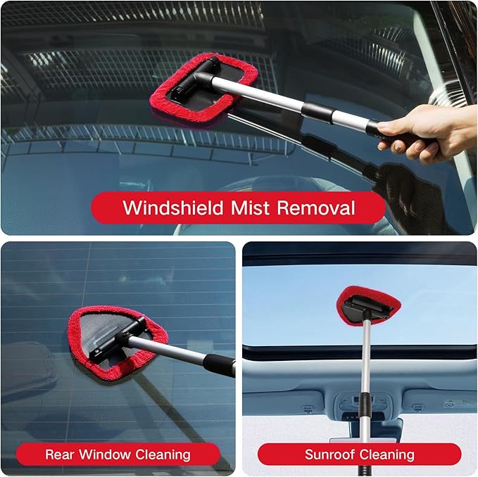 10pcs Windshield Cleaning Tool Inside Car Window Cleaner Wash Kit with 4 Reusable Microfiber Pads 1 Spray Bottle and Extendable Handle Interior Auto Glass Wiper Kit, Red