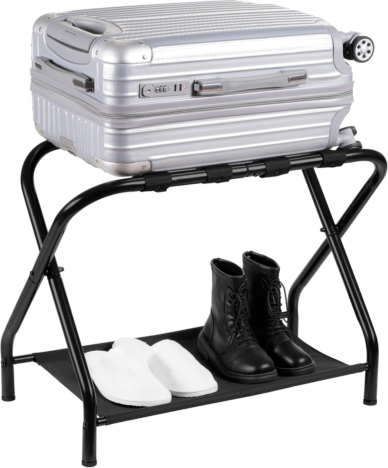 Heybly Luggage Rack, Steel Folding Suitcase Stand with Storage Shelf for Bedroom, Hotel, Foldable Steel Frame, Guest Room Bedroom Hotel, 22.8" L x 11.8" W x 20.9" H, Black HLR004B1