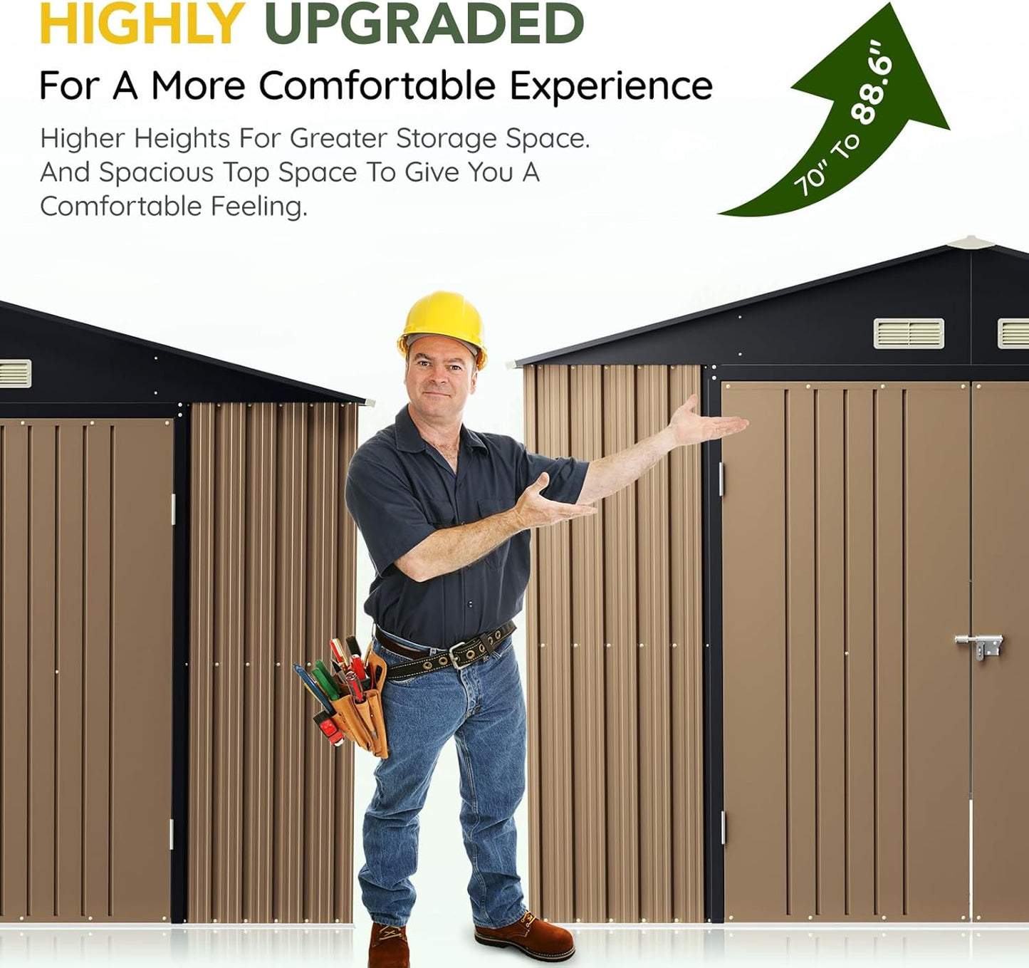 Breezz Outdoor Storage Shed 10 x 12ft. Utility Tool Shed Metal Storage Garden Shed with Lockable Doors, Windows & Metal Frame Floor for Patio Storage,Brown