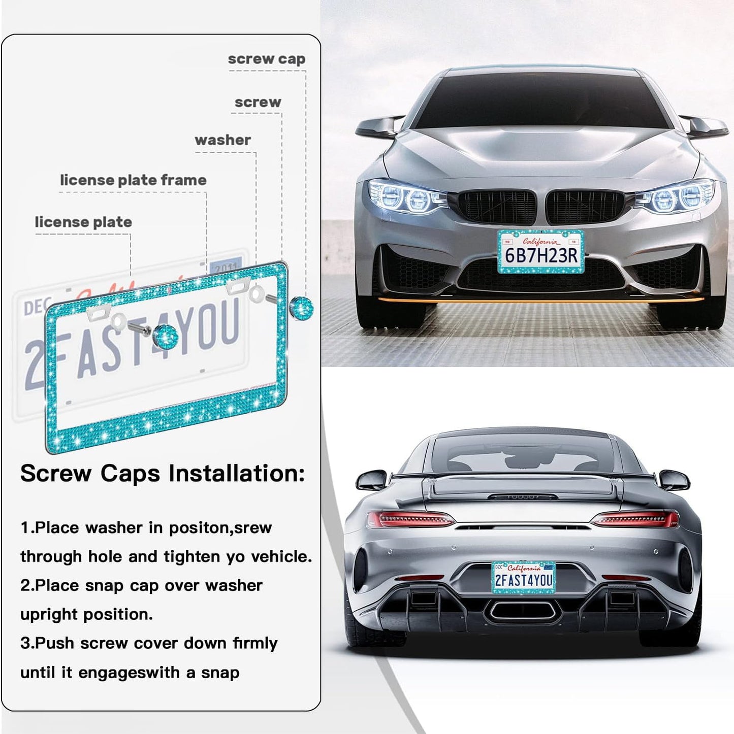 2 Pack License Plate Frames for Women, Sparkly Rhinestone Diamond Car Accessories with Glitter Crystal Caps (Blue（2PCS）)