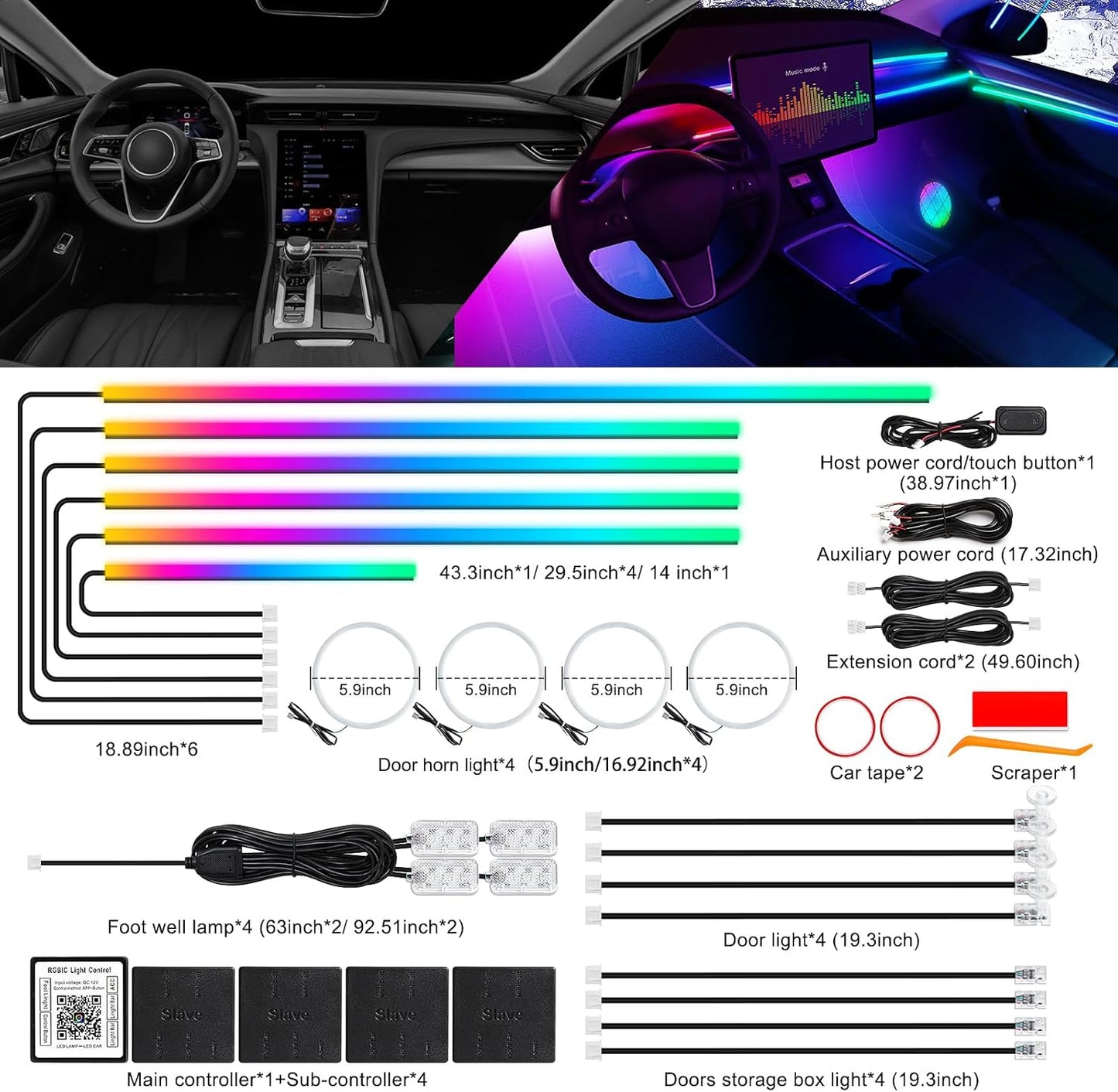 Dreamcolor Acrylic Interior Car LED Strip Light with Wireless APP, RGB 22 in 1 with 175 inches 612 LEDs Fiber Optic Strip Lights for Car, Dual Zone Music Sync Neon Car Ambient Lighting Kits