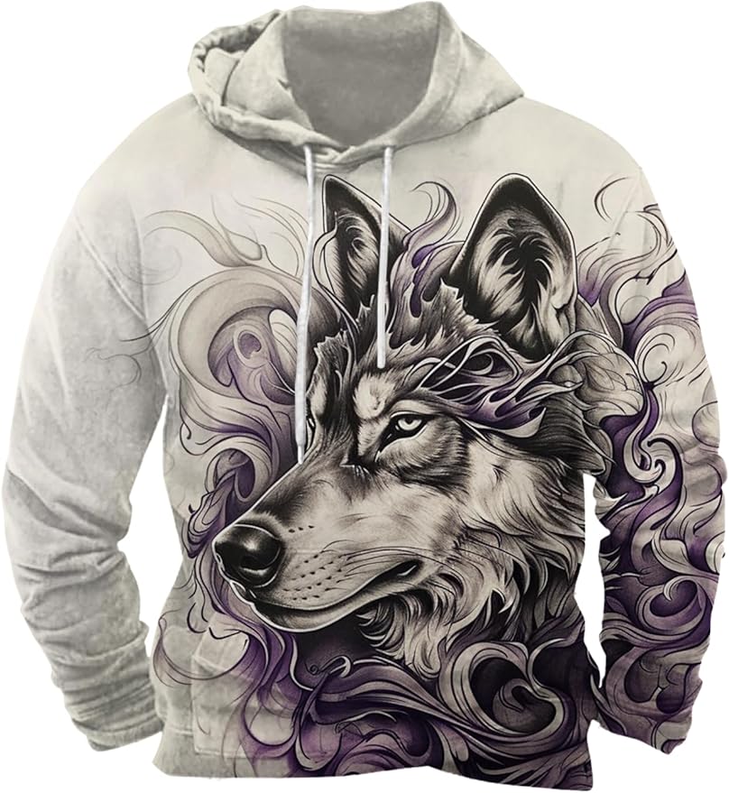 Mens Animal Print Graphic Hoodies Casual Long Sleeve Japanese Art Style Hooded Sweatshirt Lightweight Pullover Tops