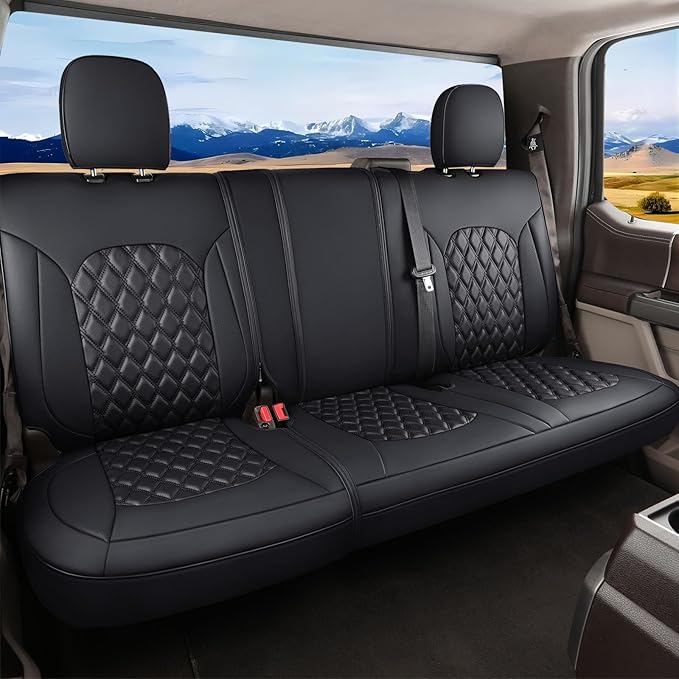 Huidasource F150 Rear Bench Car Seat Covers, Leather Back Row Seat Cushion Cover Fit for 2015-2025 Ford F150 SuperCrew & 2017-2025 F250 F350 F450 Super Duty Crew Cab XL XLT Lariat(Back Row/Black)