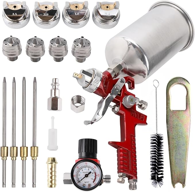 HVLP Gravity Feed Spray Gun, Automotive Air Paint Spray Gun Kit, Suitable for Auto Paint, Base Coat & Touch Up (RED 4 Nozzle)