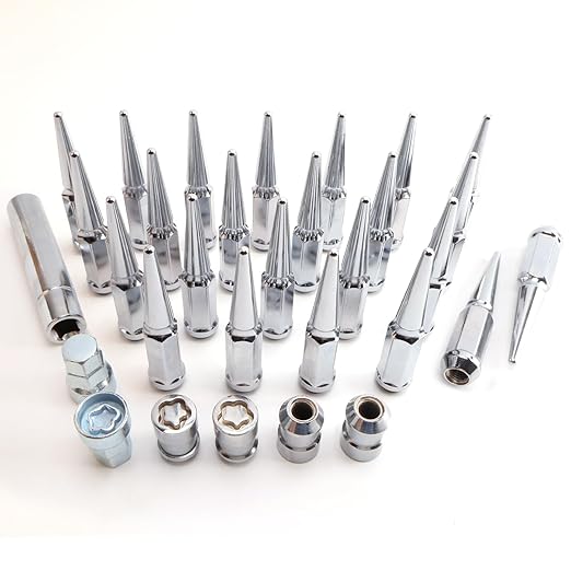 M14 x 1.5mm Locks Set, Fit for Ram 1500, Ram 2500, Ram 3500, F-150, F-250, F-350, Expedition, Wheel Locks, 4 Locking Lug Nuts 2 Pcs Key with 20Pcs Spike Lug Nuts+1 Key, Chrome