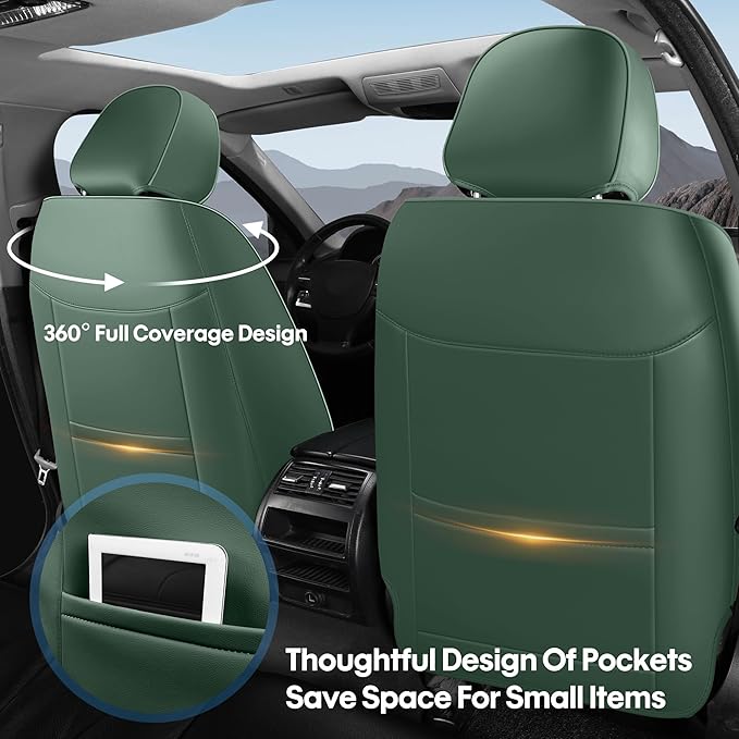 Car Seat Covers Custom Fit for Ford F150 2009-2026, Faux Leather Seat Cover Set for 2017-2026 F250 F350 F450, Accomodating Regular Cab Super Cab Super Crew Pickup Truck Cushions(BlackGreen,Front Seat)