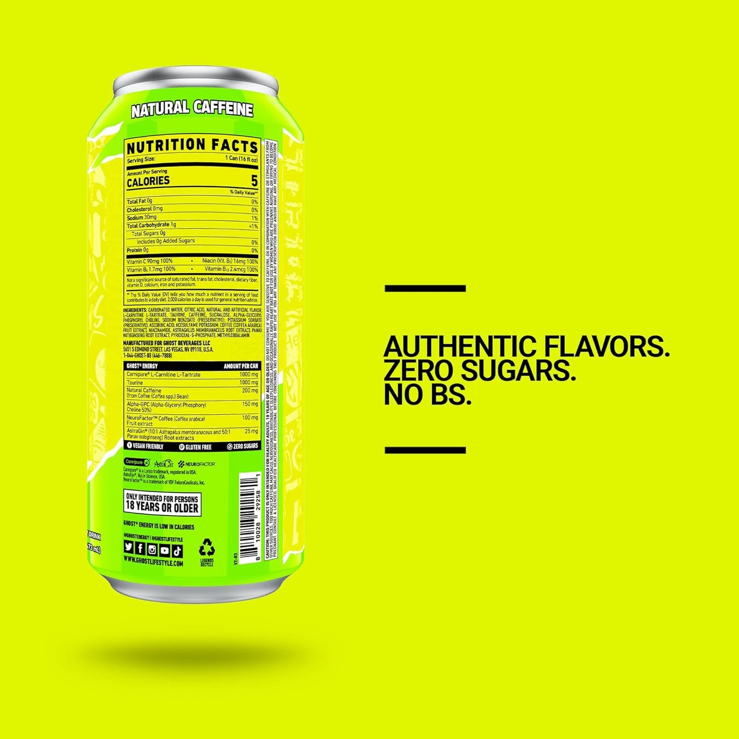 GHOST Energy Drink - 12-Pack, Citrus, 16oz Cans - Energy & Focus & No Artificial Colors - 200mg of Natural Caffeine, L-Carnitine & Taurine - Gluten-Free & Vegan