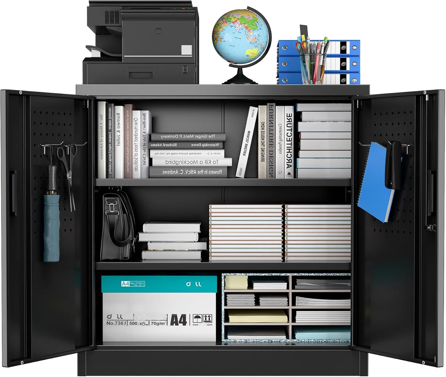 Metal Storage Cabinet with Pegboard 31.5”H×31.5”W×16.5”D, Lockable Rolling Steel Storage Cabinet with 2 Adjustable Shelves and Door for Garage, Office, Kitchen, Assembly Required(Black)