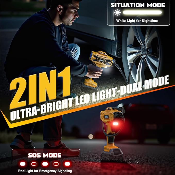 160PSI Cordless Tire Inflator Compatiblew with Dewalt 20V Battery, Portable Air Compressor for Auto, Motorcycles, Bikes, Car Air Pump with Auto Shut-Off, LCD Display, LED Light, 4 Nozzles