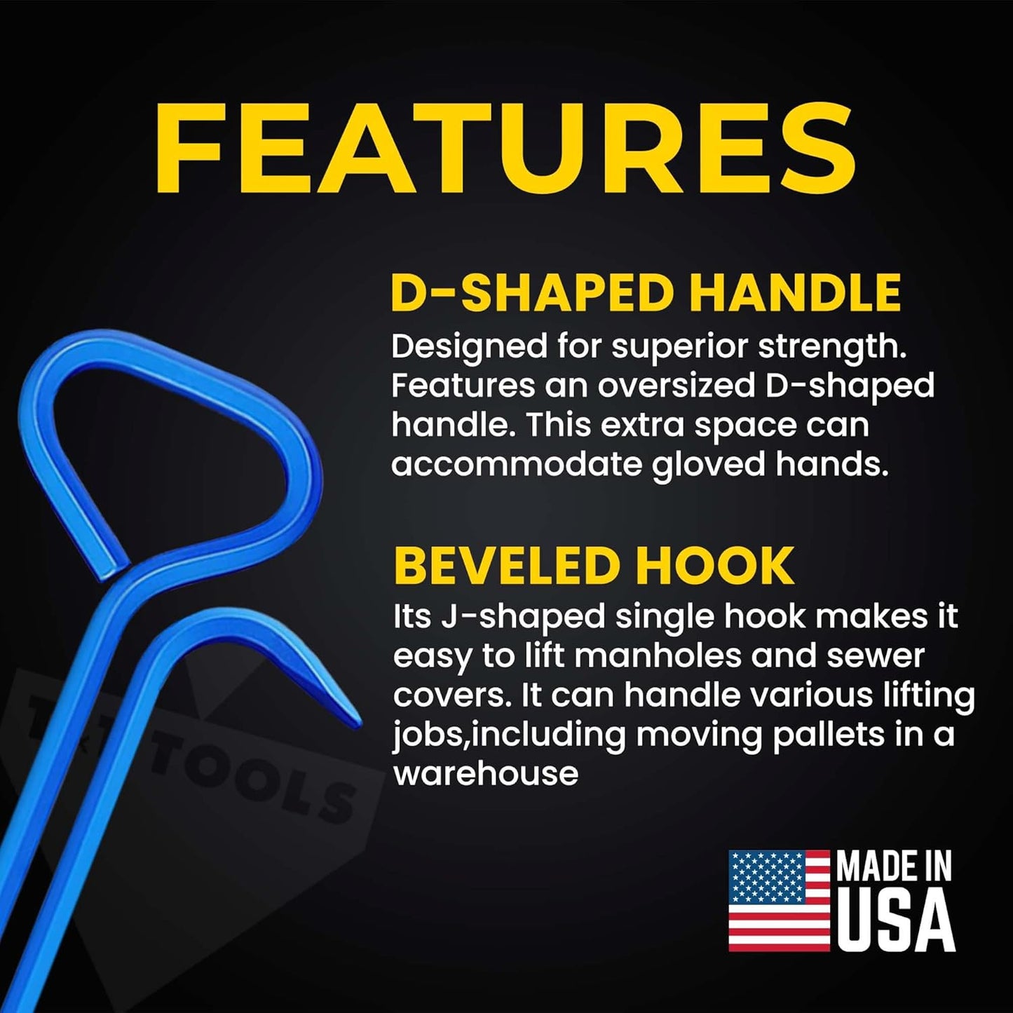 T&T Tools 24-Inch Manhole Hook - Heavy Duty Single Hook for Lifting Manhole Covers, Storm Drains, Septic Tank Risers - Rigid Hex Alloy Steel Tool for Lifting, Pulling, and Removing Covers - 1 Pack