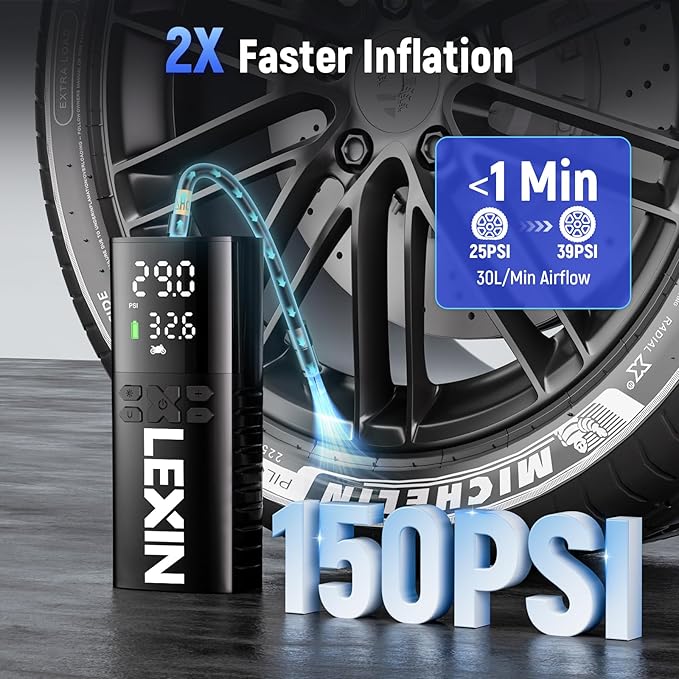 LEXIN P4 Tire Inflator Portable Air Compressor, 150PSI Electric Air Pump for Car Tires, w/Pressure Gauge&LED Light, 4000mAh Cordless Smart Pump for Car/Motorcycle/Bike/Bicycle/Scooter/Ball/Inflatable