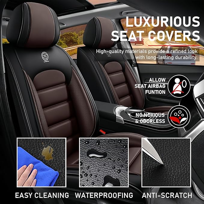 Car Seat Covers Fit for Toyota Highlander 2000-2025 | 7 Seat Car Seat Cover | No-Slip Waterproof Breathable Faux Leather Automotive Seat Covers Auto Interior Covers Coffee Brown,Full Set