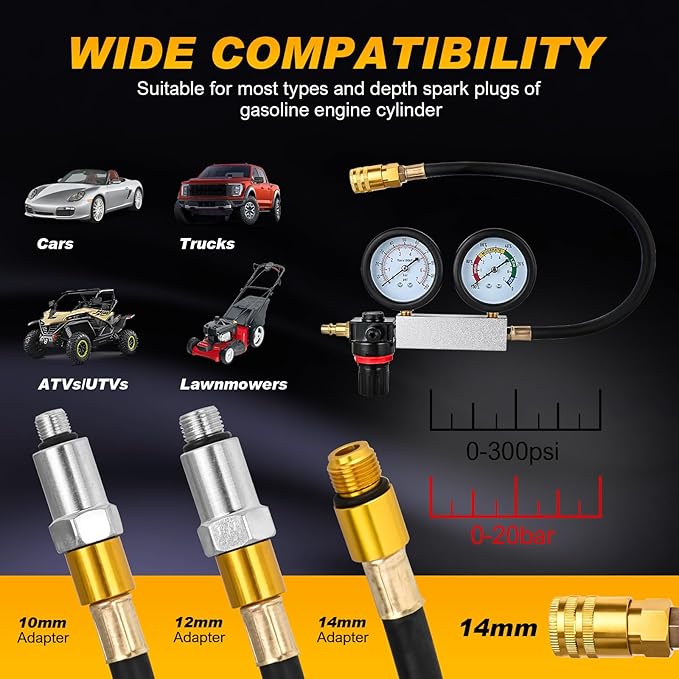 Nilight Cylinder Leak Down Tester, Gasoline Engine Compression Dual Gauge Leakdown Detector Automotive Tool Set with 10 12 14mm Spark Plugs