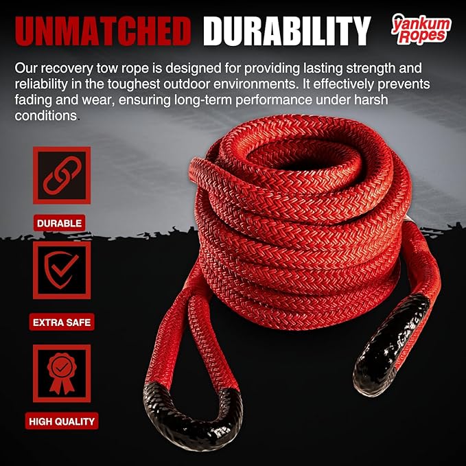 Yankum Kinetic Recovery Rope - Heavy Duty 1" x 20' Tow Rope, Off-Road & Vehicle Recovery, Kinetic Energy Ropes for 4x4, Jeep, and Trucks, Made in USA – Rattler Series