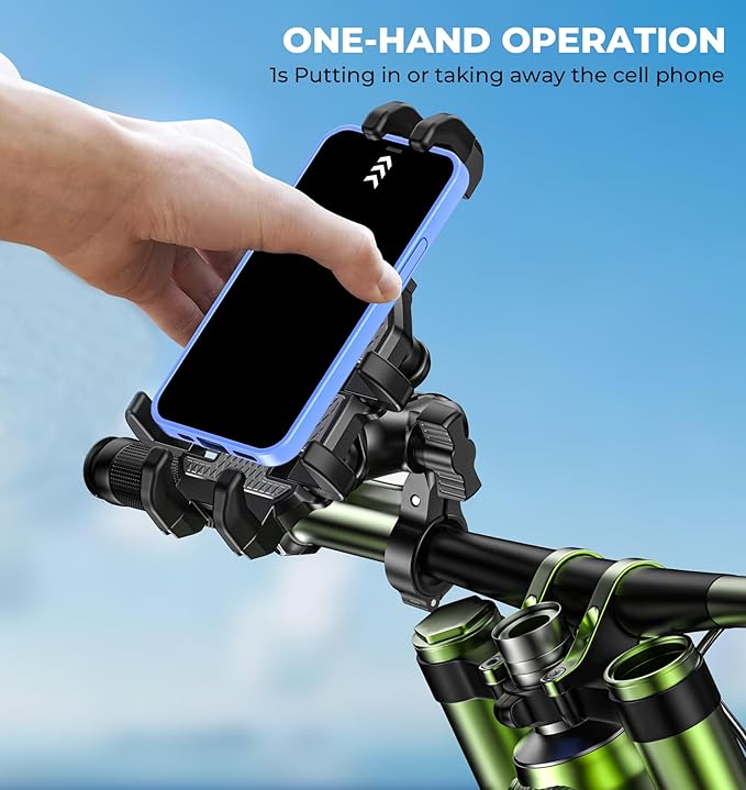 Motorcycle Phone Mount with Vibration Dampener, Anti-Shake Bike Phone Holder with Aluminum Alloy Handlebar Clamp, One-Handed Operation Motorcycle Cellphone Mount Fit for 5.4"-7.2" Smartphone