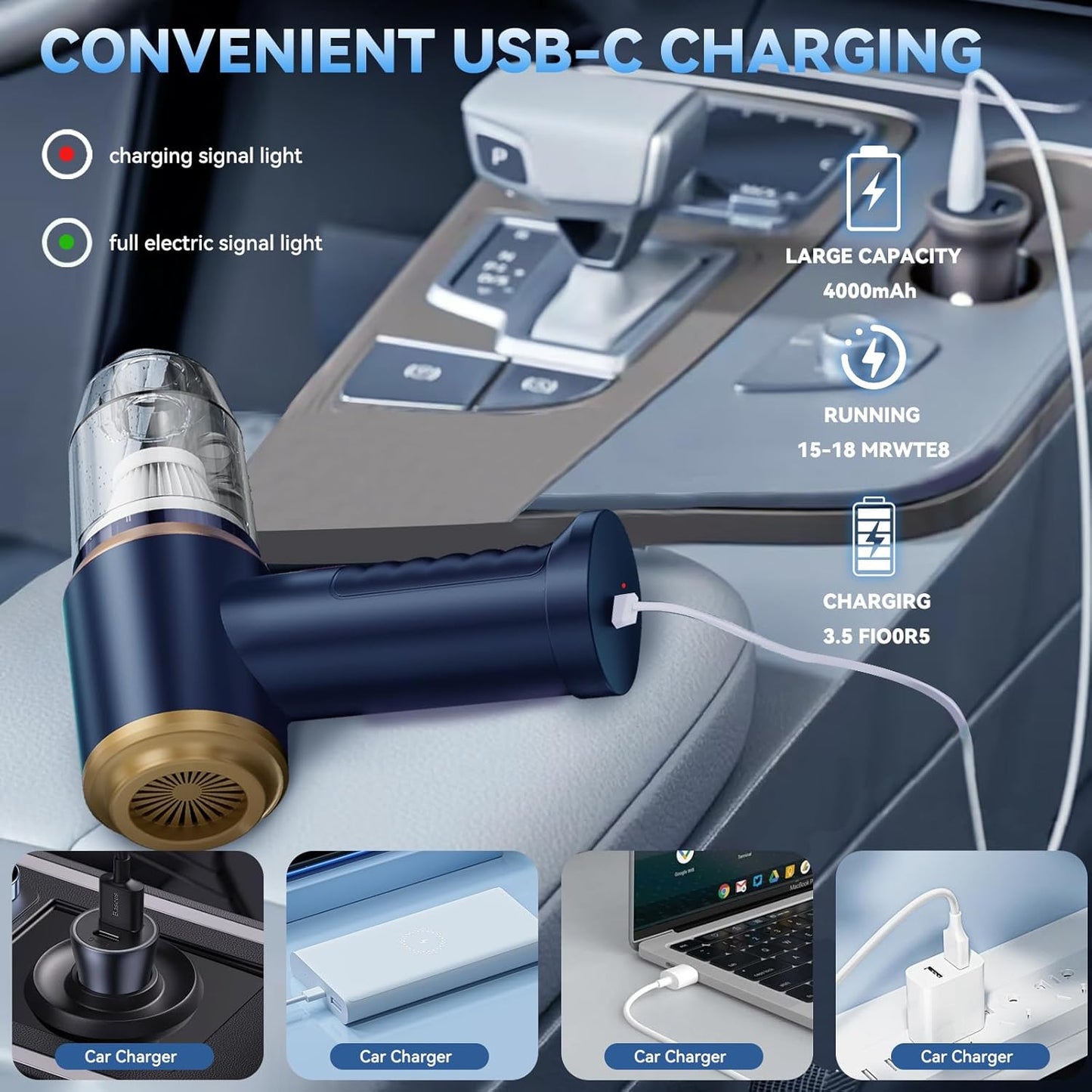 Mini Car Vacuum Portable Cordless Handheld Vacuum Cleaner and Air Duster 2 in 1 with Multi-Nozzles for Car, Computer, Sofa, Office, Pet, Home (Blue and Gold)