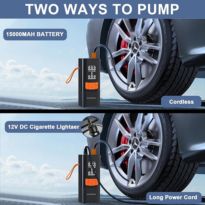 Tire Inflator Portable Air Compressor, 15000mAh and 150PSI Car Tire Pump with Pressure Display for Cars, Motorcycles, Bicycles, Ball Bikes with Pressure Gauge, Dual-Use Type