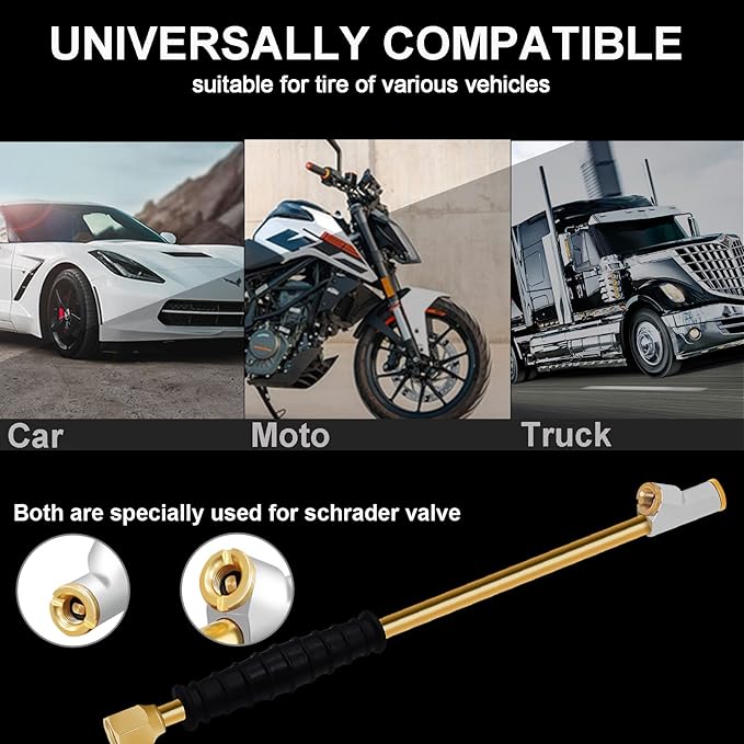 GODESON 1/4" FNPT Extended Reach Dual Head Air Chuck, 2-Way Connection 11.8" Extended Brass Air Chuck with Rubber Handle,Tire Chuck with Quick Plug for Semi, RV, Truck Dually Tires