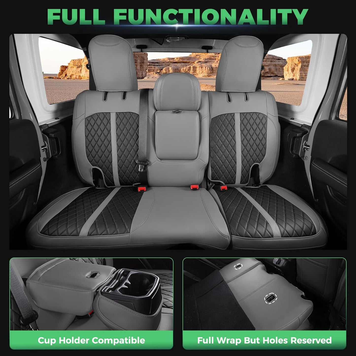 for Jeep Wrangler Seat Covers 4Door JL 2018 2019 2020 2021 2022 2023 2024 2025, Custom Fit Car Seat Cover Full Set, Luxury Waterproof Leather Seat Protectors, Gray Black, With Rear Cup Holder