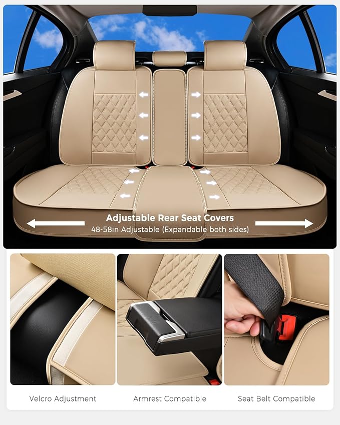Huidasource Beige Rear Seat Cover, Nappa Leather Back Seat Cover Velcro Adjustable, Compatible with Armrests, Seat Belts, Child Safety Seats, Fit for Most Cars SUVs Trucks (Back Row/Beige)