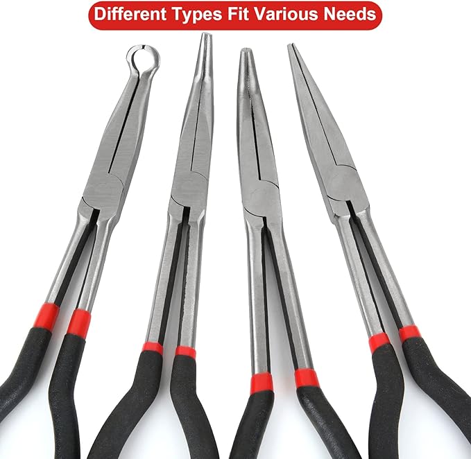 Long Needle Nose Pliers Set - 4 in 1 Bent Needle Nose Pliers 90 Degree - 11 inch Spark Plug Wire Removal Tool for Wire Bending,Shaping,Trimming