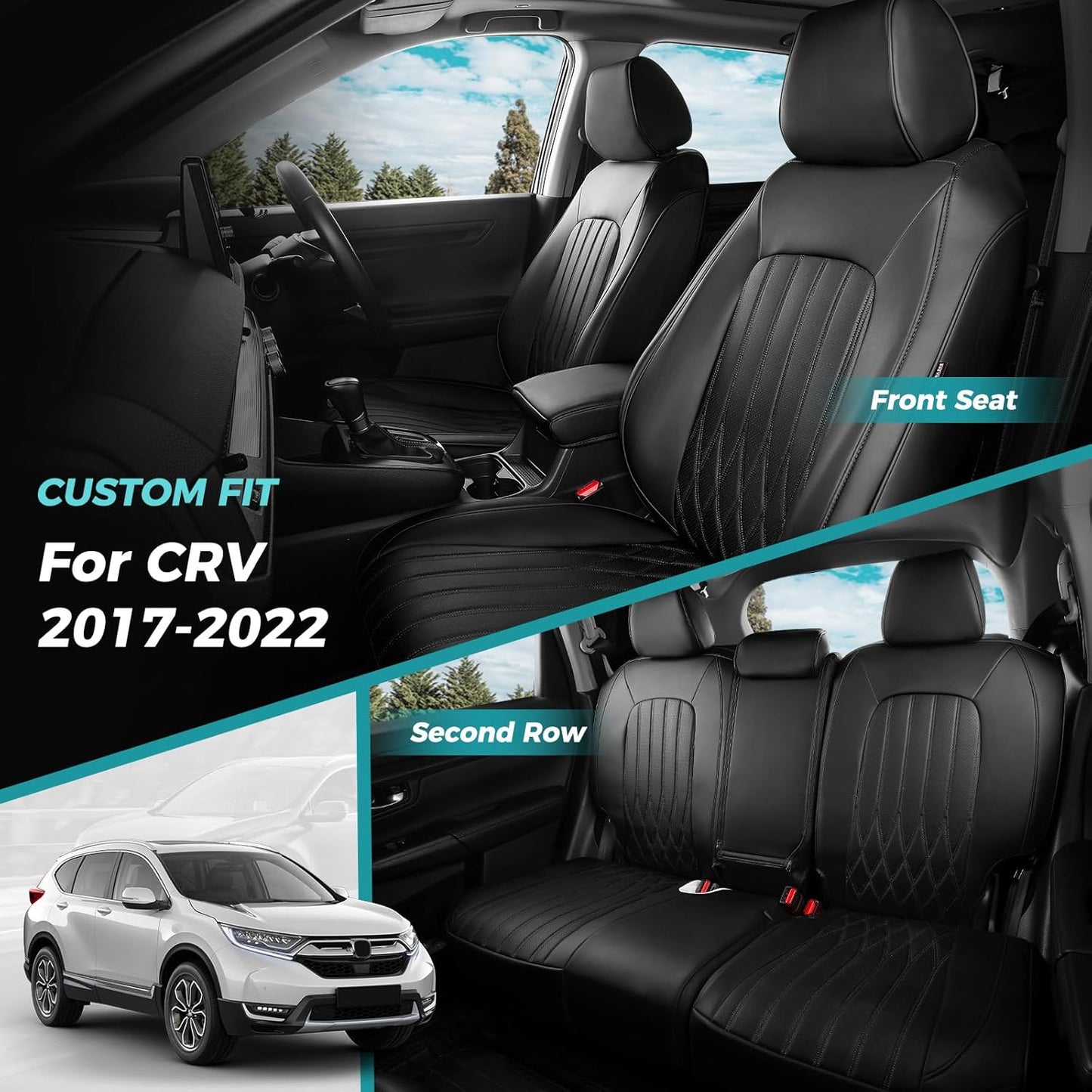 Seat Covers for Honda CRV 2017-2022 EX/EXL/LX/Sport/Touring/Special Edition, Hybrid & Gas,1:1 Custom Fit Leather Seat Covers Full Set - Black