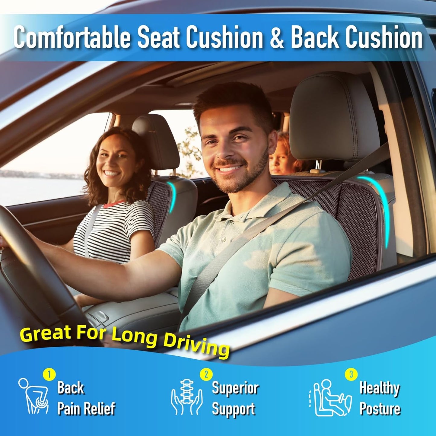 Memory Foam Car Seat Cushion with Lumbar Support Pillow, Memory Foam Driving Pillow for Back-Sciatica Pain Relief, Auto Pad Suitable for Car, Truck, SUV - 4D Mesh Brown