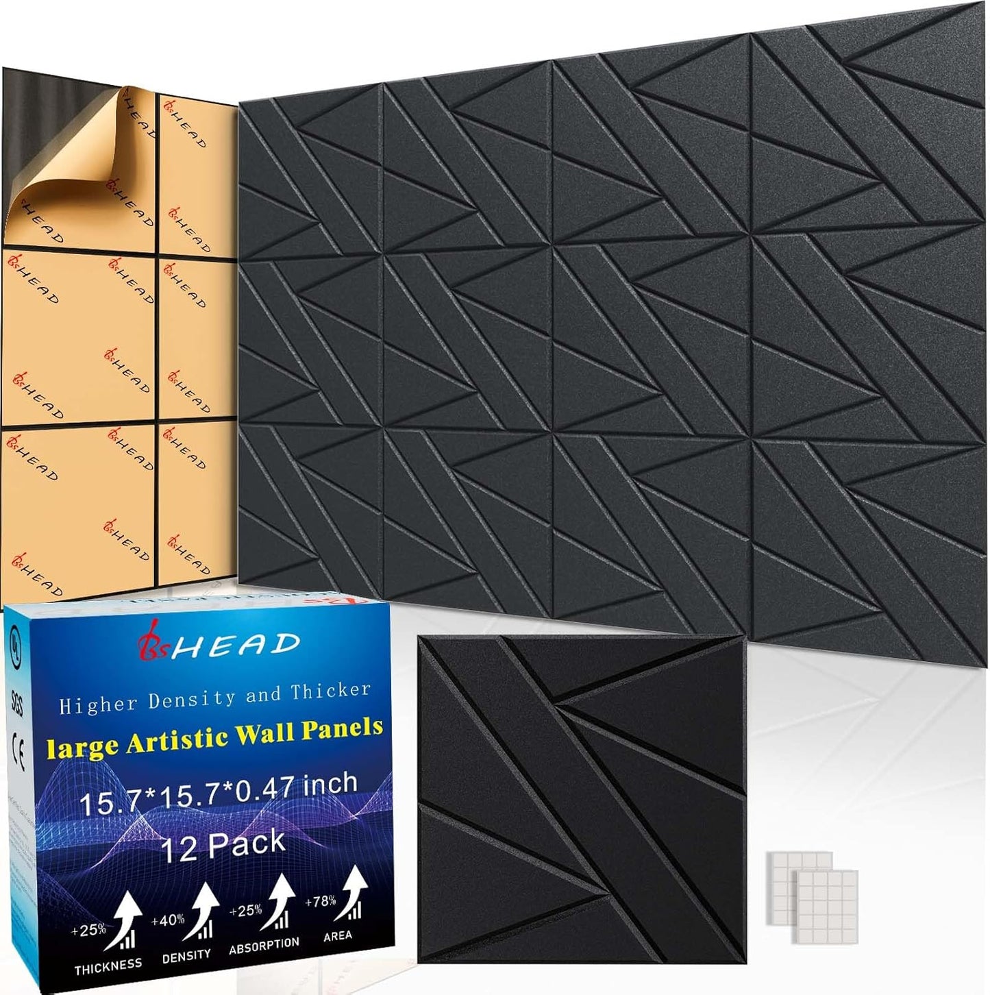 12 Pack Large Self-Adhesive Soundproof Wall Panels, 15.7 x 15.7 x 0.47 in Sound Proof Foam Panels for Walls, 1.2lb/ft³ High Density,Large Size Acoustic Panels, Sound Dampening Panels Black