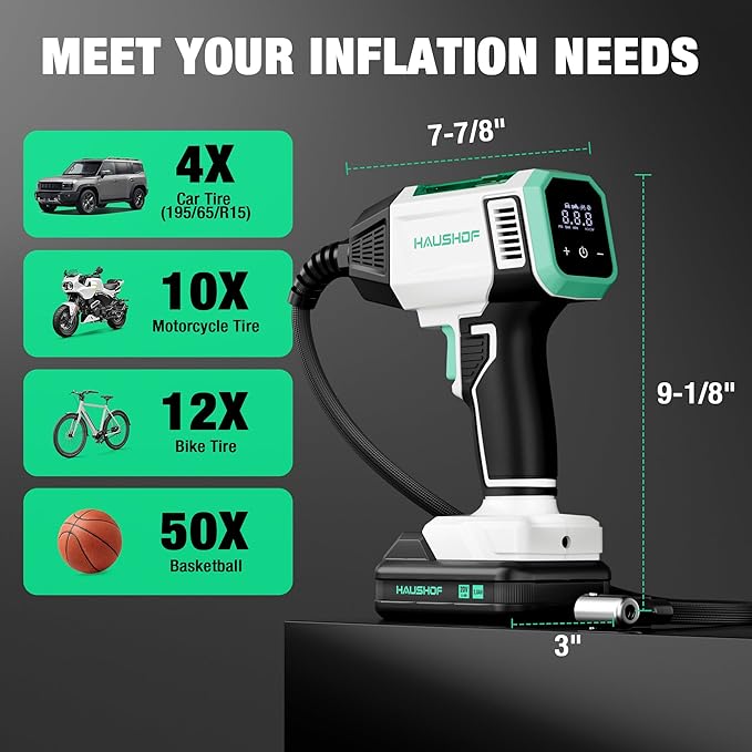 HAUSHOF Tire Inflator Portable Air Compressor, 150 PSI Cordless Air Pump with Digital Pressure Gauge, 20V Rechargeable Battery & 12V DC Power, Auto Shut-Off for Cars, Motorcycles, Bikes