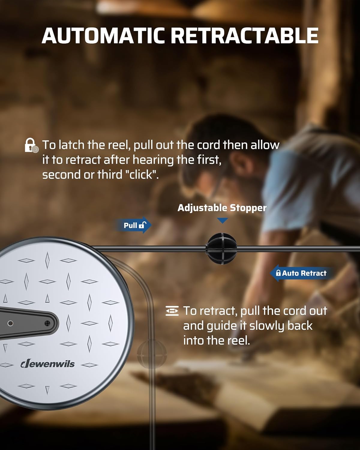 DEWENWILS Metal Extension Cord Reel,30FT Retractable Extension Cord, 16AWG/3C SJTW Power Cord, 3 Electrical Outlets, 10A Circuit Breaker, Wall or Ceiling Mountable for Workshop, Garage, UL Listed