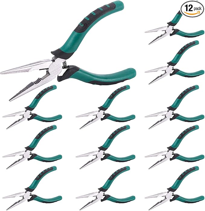 12 PCS 6.5 Inch Spring Needle Nose Pliers, Heavy Duty Steel Nose Side Cutting Pliers Nonslip Rubber Handle Wire Cutter for Crimping Looping Shearing
