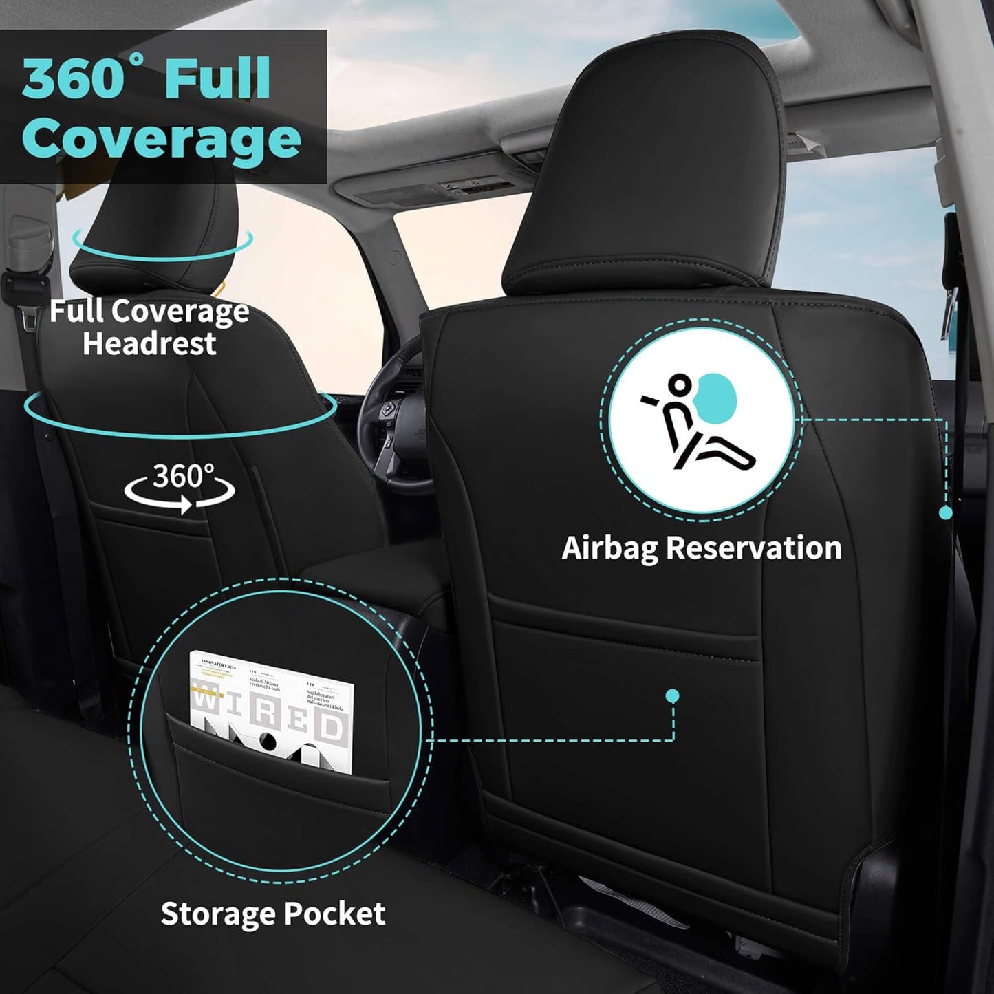 Seat Covers for Toyota 4Runner 2011-2024, Faux Leather Car Seat Cover Full Set, 3-Row-Only for 7 Seats Version-Black